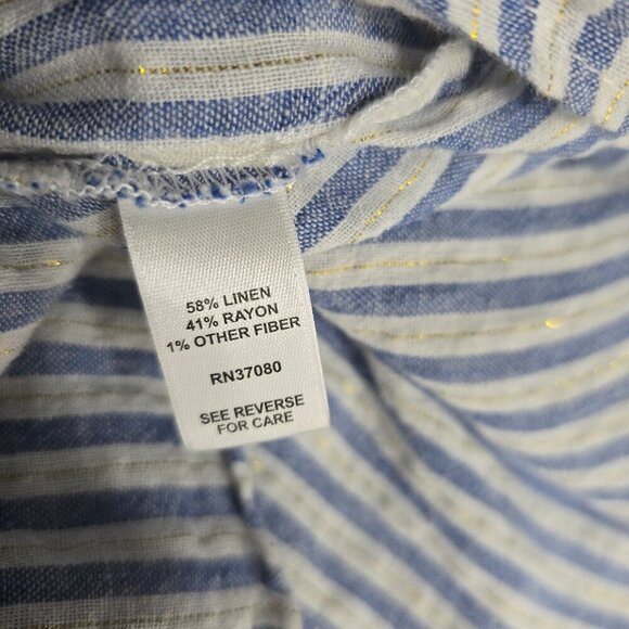 Cato White Blue Stripe Linen Flutter Sleeve Button Front Flowy Babydoll Top - Picture 5 of 5